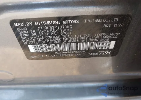2023 Mitsubishi Mirage Se/Black Edition/Ralliart from USA, damaged, VIN ML32AWHJ3PH003611